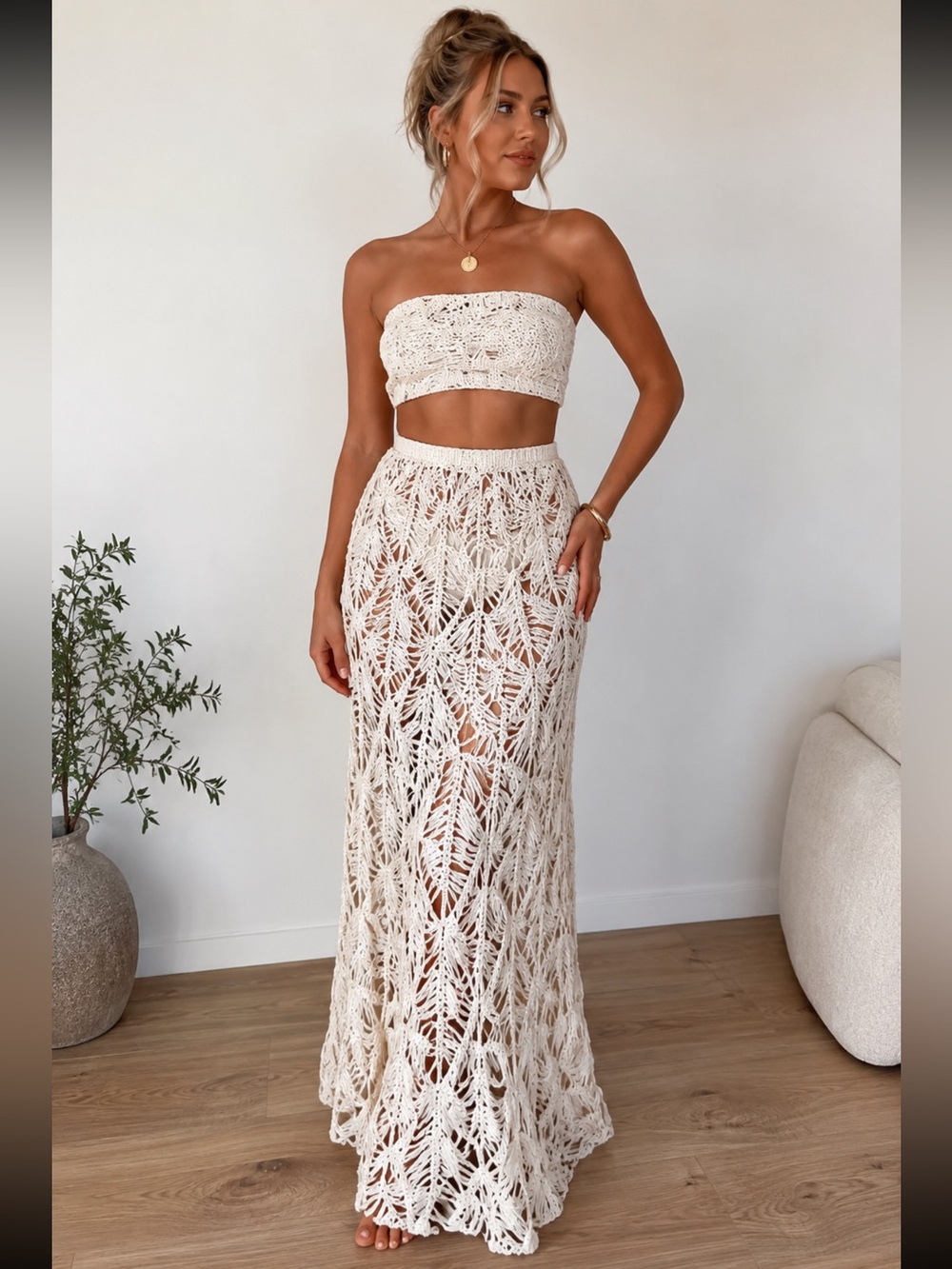Je Te Veux Ivory Cream Crochet Maxi Skirt and Bandeau Set maxi see thu skirt S - Picture 3 of 17